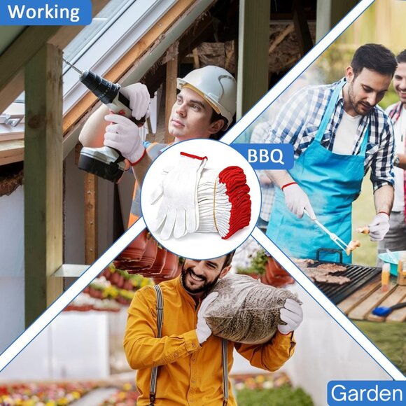 12Pairs (52g)Cotton Work Gloves – Breathable Knit Safety Gloves w/ Red Cuff - Picture 4 of 6